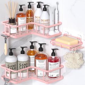 YASONIC Shower Caddy Corner, 3-Pack Adhesive Rustproof Stainless Steel Shower Shelves with Soap Holder, No Drilling Shower Organizer Corner for Dorm, Renters Bathroom, Pink