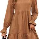 MakeMeChic Women's Ruffle Smock Dress Long Sleeve Mock Neck Shirred Frill Trim Short Dresses (Brown)