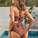 ZAFUL Twist High Waisted Bikini for Women Cross Lace Up Bathing Suit Ruched Bikini Swimsuits Tummy Control Swimwear (Brown, M)