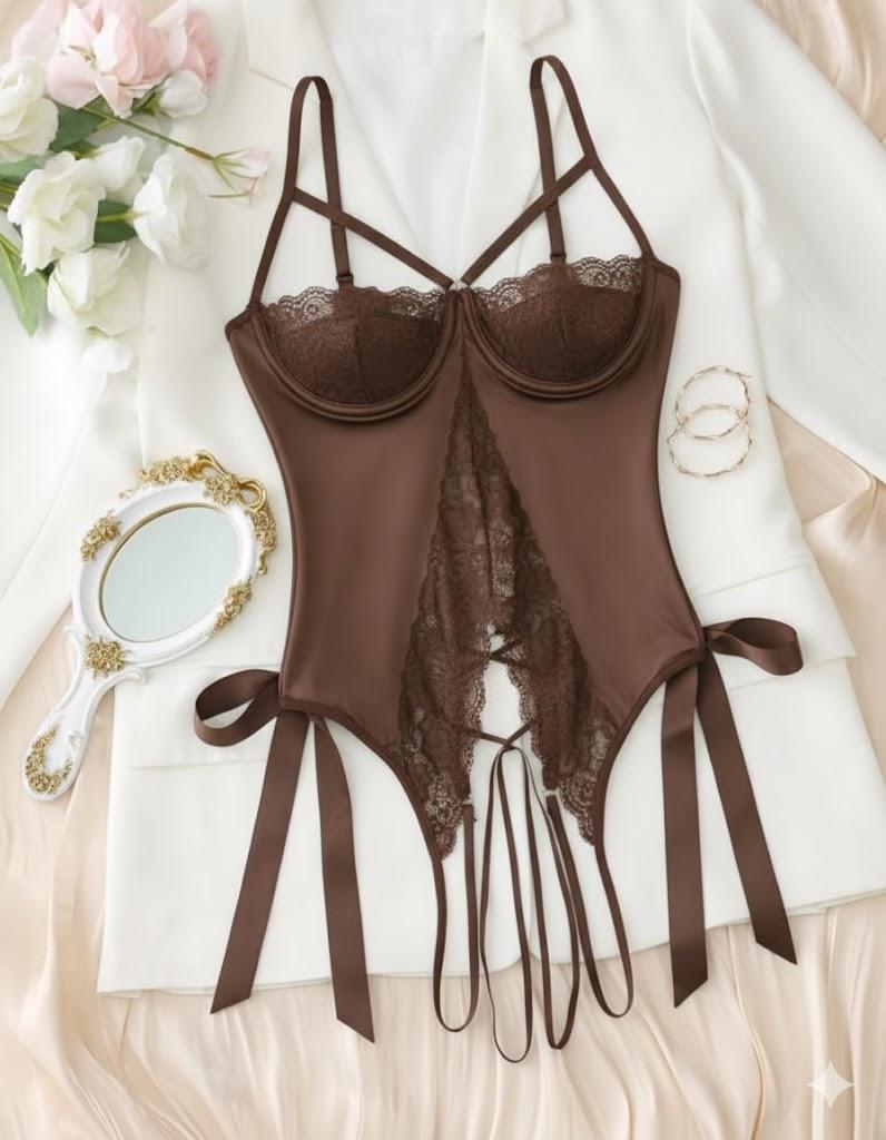 Avidlove Sexy Lingerie for Women One Piece Lingerie Cutout Teddy Underwire Bodysuits Mini Lace Leather Body Suit Lace-Up Back, XL