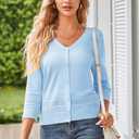 GRACE KARIN Women's 2025 Cropped Cardigan 3/4 Sleeve Lightweight Crochet Shrug Hollowed-Out Knit Sweater Tops (Blue, S)