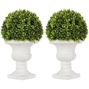 SEVENLOVE 2 Pack Artificial Boxwood Topiary Ball with Lights in Urn Container, 13" Topiary Centerpiece for Home Décor, Mini Fake Plant Greenery Arrangement