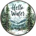 Round Christmas Metal Tin Sign Hello Winter Sign Christmas Pine Trees Welcome Door Sign Xmas Winter Holiday Farmhouse Rustic Wreath Sign for Indoor Outdoor Home Wall Window Decor 12*12 in