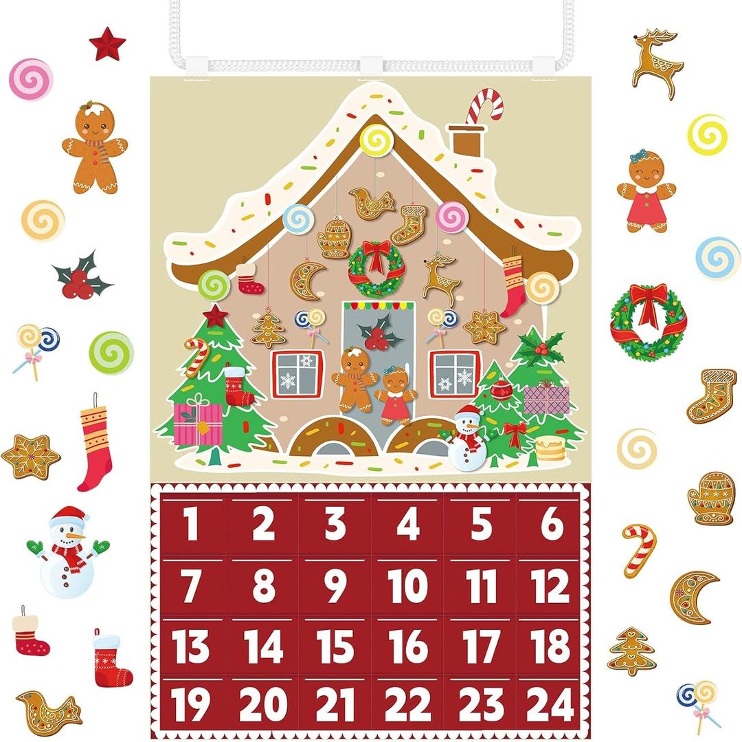 Felt Christmas Hanging Advent Calendar, Gingerbread House Advent Calendar with 24 Detachable Felt Christmas Ornaments Fillable Pocket, DIY Montessori Activities Reusable Door Wall Hanging Craft Decor
