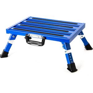 Homeon Wheels Aluminium RV Steps Adjustable Folding Step Stool with Non-Slip Rubber Feet, Stable Platform Supports 1000bs, Safety Strips, Handle, Easy Carry, Outdoor Camper Trailer Travel - Blue