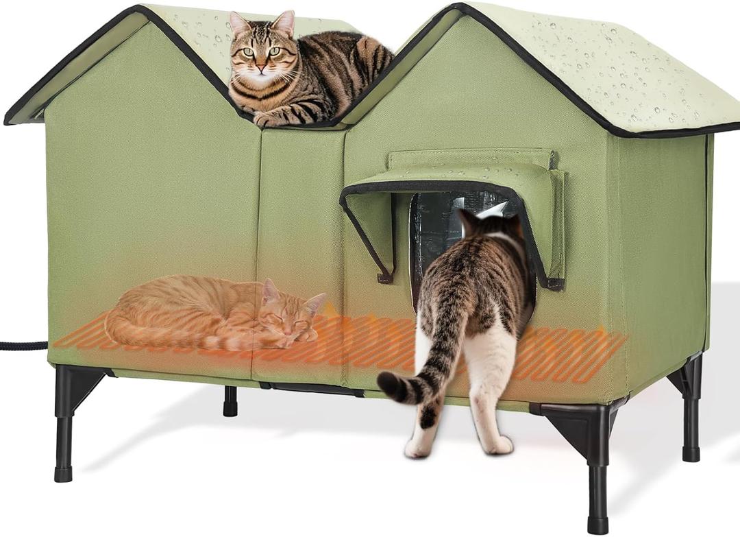 Extra Large Heated Outdoor Cat House Weatherproof, Insulated Outdoor Heated Cat House for Outside with Heater, Elevated Outdoor Feral Cat Shelter for Multiple Cats Small Dogs,(Green, XL)