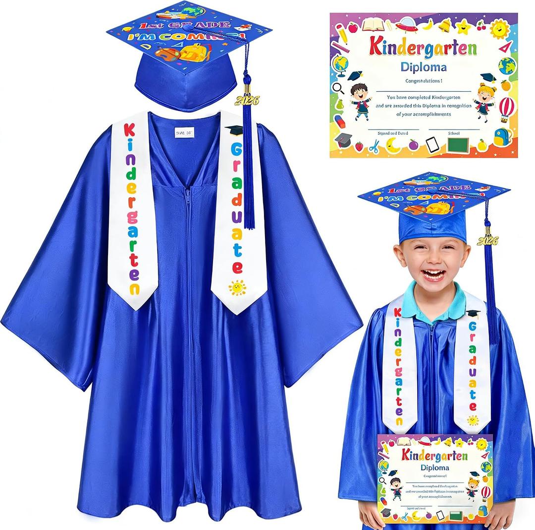2026 Kindergarten and Preschool Graduation Cap Gown Stole Set With Tassel for Kids Graduation Gifts (Blue, S)