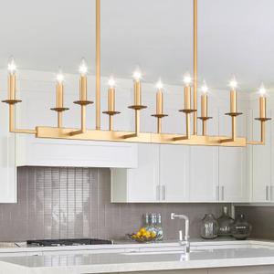 48-Inch Rustic Gold Linear Chandelier,Extra Long Candle Chandelier,Gold Light Fixture for Dining Room Living Room Kitchen Island, Modern Rectangular Chandelier(10-Light,Bulbs Not Included)