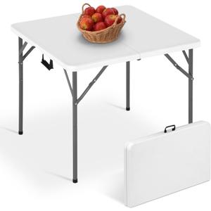 34" Folding Card Table, Heavy Duty Plastic Square Table - Portable Fold-in-Half w/Handle & Lock for Camping, BBQ, Party, Events
