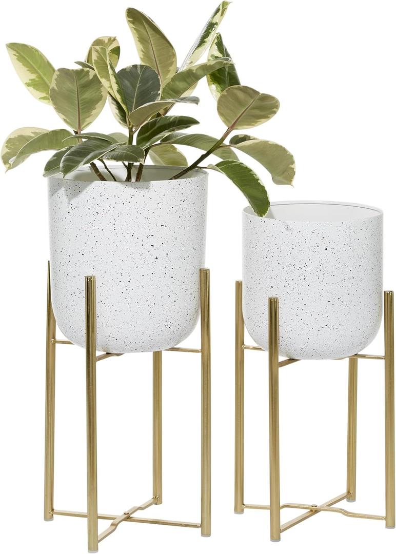 Deco 79 Metal Indoor Outdoor Planter Deep Dome Speckled Large Planter Pot with Gold Stands, Set of 2 Planters 22", 19"H, White