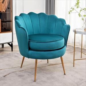 Velvet Barrel Accent Chair with Scalloped Silhouette and Gold Metal Legs, Decorative Piece Suitable for Traditional, Modern, and Contemporary Spaces, Greenish Blue