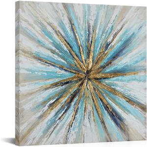 Canvbay Modern Abstract Canvas Wall Art Teal and Gold Foil Textured Painting Artwork Contemporary Turquoise Square Print Poster Framed for Living Room Office Home Decor Ready to Hang 24x24inch