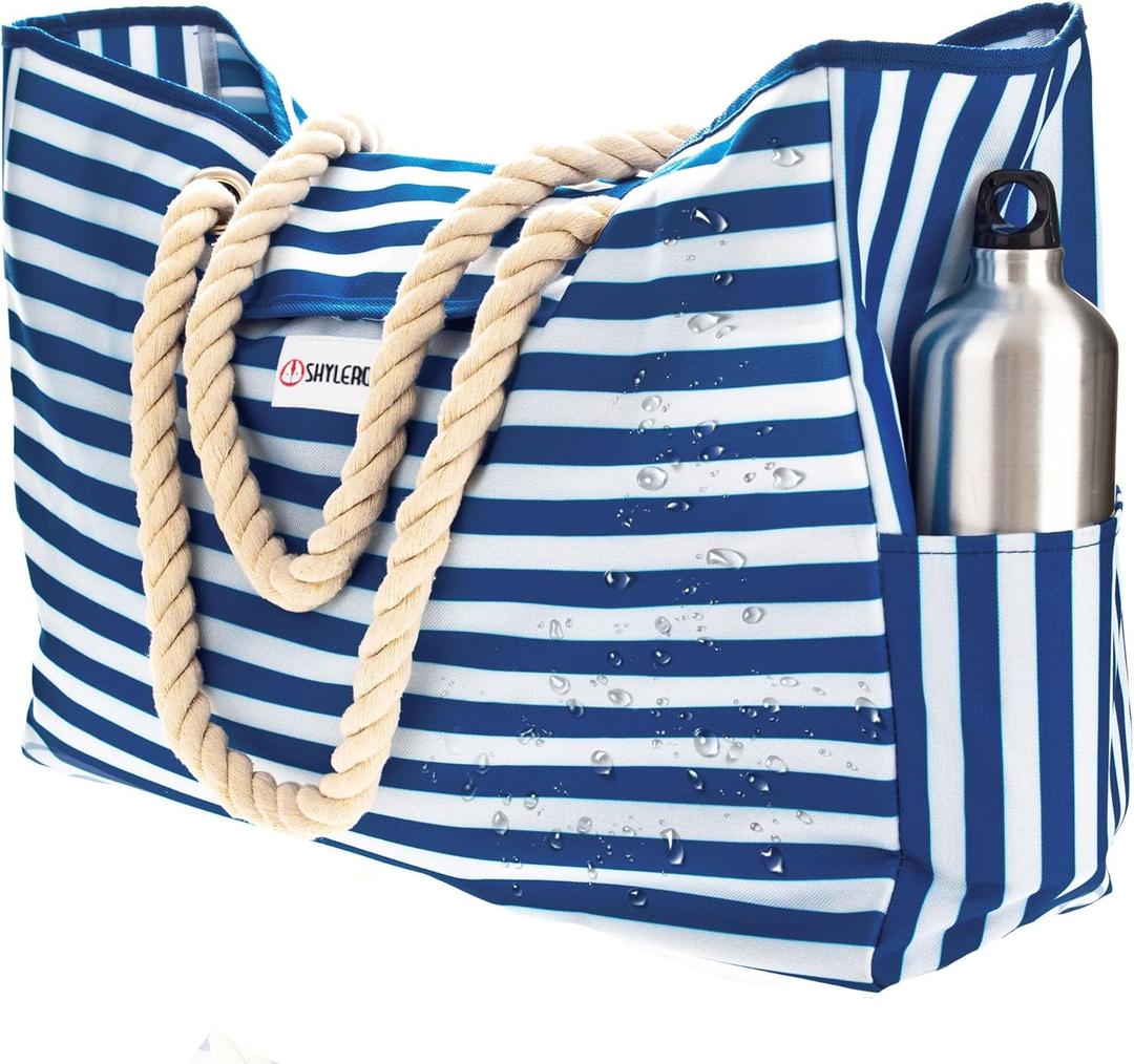 SHYLERO Beach Bag and Pool Bag Has Airtight Pouch, Magnetic Snap Closure. Beach Tote is Water Resistant. Family Size (XX-Large, Blue Dolphin)