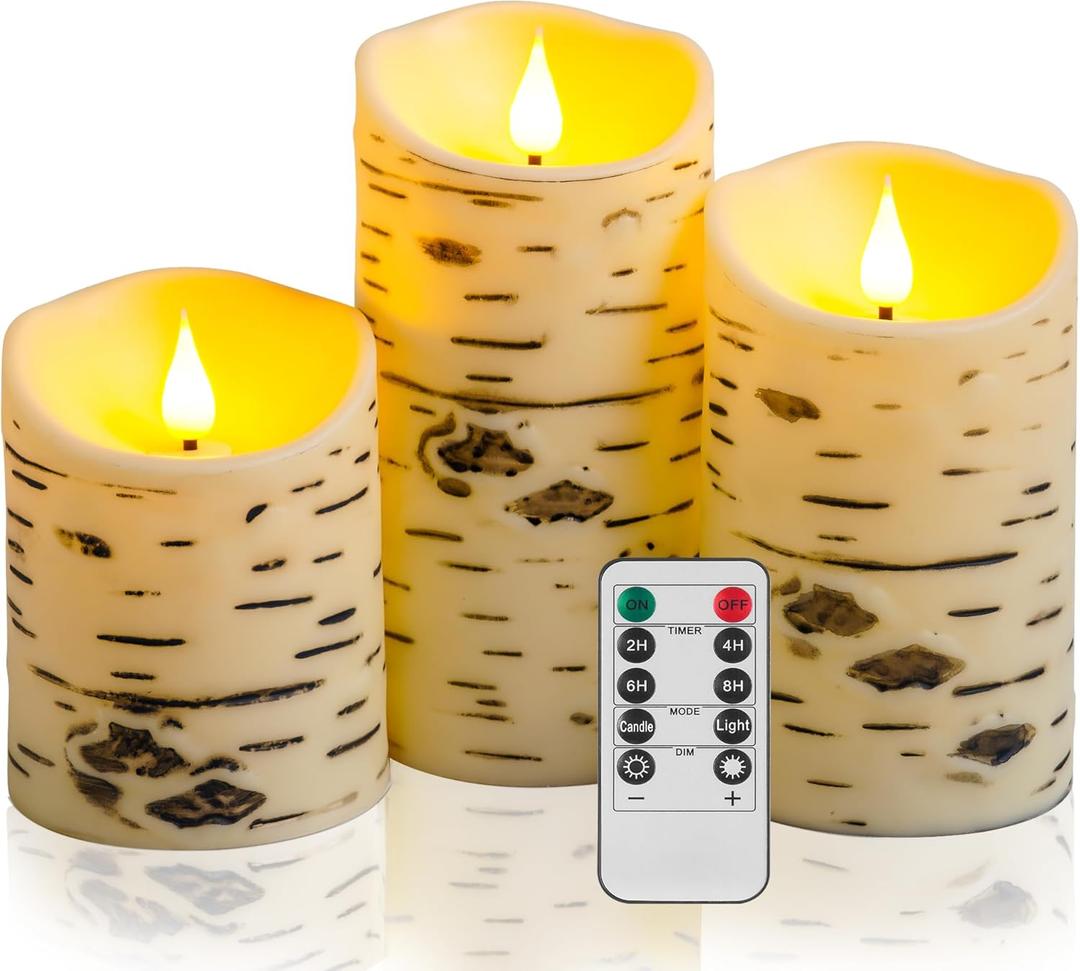 QQFCTOO Birch Bark Flameless Candles, Flickering Battery Operated LED Candles, Electric Plastic Pillar Candles with Remote & Timer, Rustic Farmhouse Home Decor, Wedding Centerpiece, Gift Set of 3 (6.3"D x 8.1"W x 3.1"H)