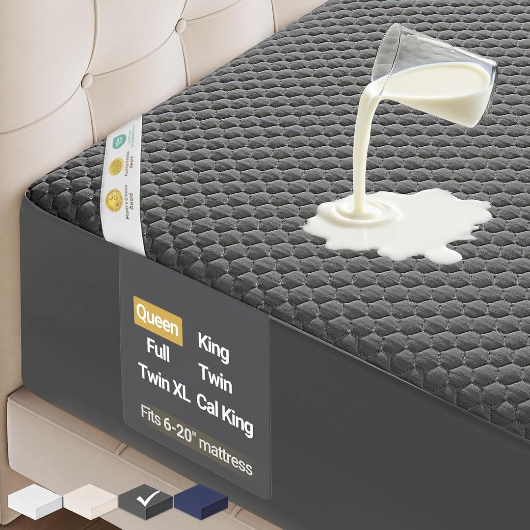 OhGeni 100% Waterproof Mattress Protector, Queen-Gray Size Mattress Pad, Fits 6"-20" Mattresses with Deep Pocket, Cooling, Breathable Fitted Sheets, Soft Bed Cover, Noiseless, Machine Washable