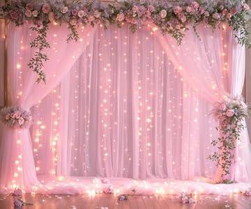 20ft X 8ft Pink Tulle Backdrop Curtains with Lights String for Parties Baby Shower 4 Panels Pink Sheer Photo Booth Props Backdrop Curtains for Birthday Party Christmas Photo Shoot Home Decorations