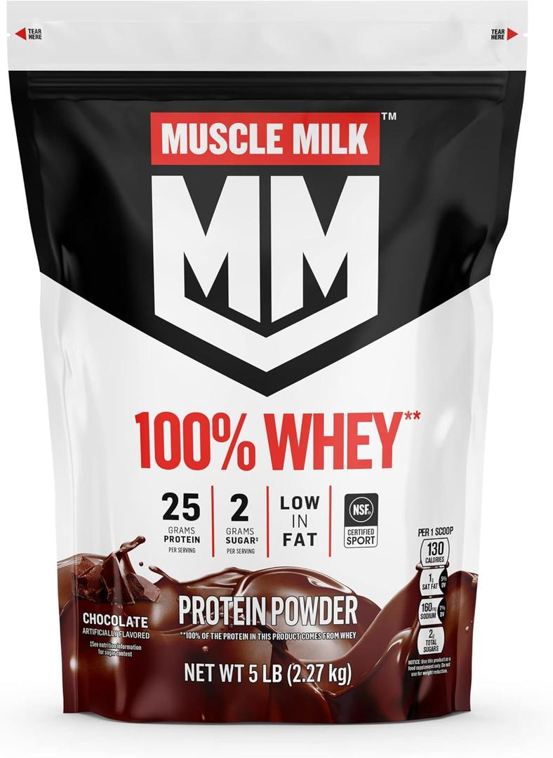 Muscle Milk 100% Whey Protein Powder, Chocolate, 5 Pound, 66 Servings, 25g Protein, 2g Sugar, Low in Fat, NSF Certified for Sport, Energizing Snack, Workout Recovery, Packaging May Vary (EXP 04/22/26)