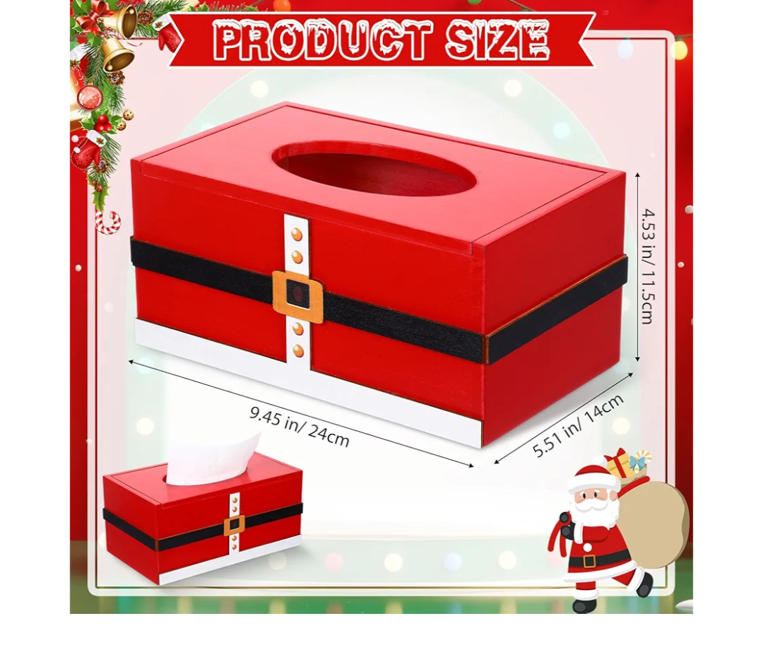 1 Pack Christmas Tissue Box Cover Rectangle Santa Print Tissue Box Holder Wooden Christmas Decorative Facial Covers for Xmas Gift Countertop Bathroom Kitchen Bedroom