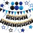 Birthday Decorations,Black Blue Happy Birthday Banner with Fairy lights,Pennant Banner,Honeycomb Balls and Star Hanging Swirls Streamer Happy Birthday Party Decorations for Women Men Boys Girls