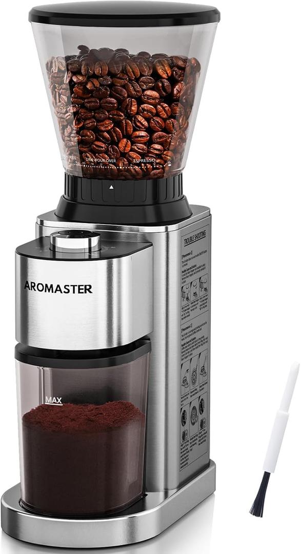 Aromaster Conical Coffee Bean Grinder, 48 Settings, Anti-Static, Sliver | Stainless Steel, 40S Adjustable Timer, Removable Burr, Brush for Easy Cleaning, for Espresso French Press Home Use, Quiet