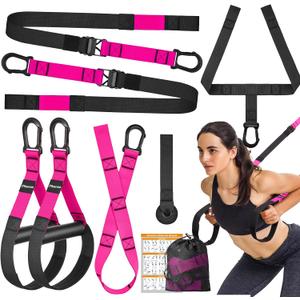 Home Resistance Training Kit, Suspension Trainer Straps with Adjustable Extension, Door Anchor, and Carry Bag  Strength Training Equipment for Full Body Bodyweight Workouts at Home or Outdoors (Pink)
