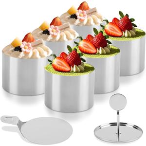 6 Pack Cake Ring Mold, Seamless Stainless Steel Round Mousse Cake Molds, Mousse Cake Ring, Baking Ring Molds, Food Ring Molds for Baking, Includes 6 Rings 1 Pusher and 1 Lifter, 2.9 x 2.1 Inch
