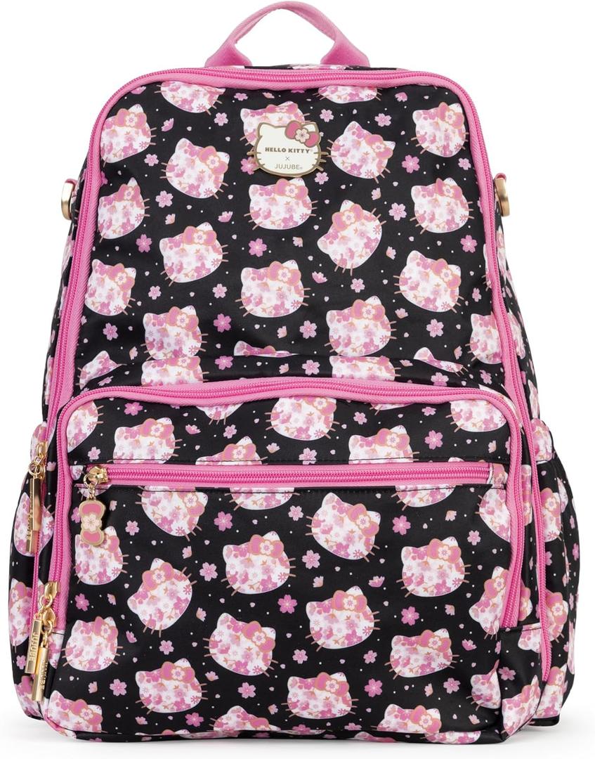 JuJuBe x Hello Kitty Cherry Blossoms Zealous Backpack Diaper Bag, Purses for Women, Includes Changing Pad, Essentials for Mom, Newborn & Baby, Adjustable Padded Straps, Machine Washable