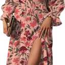 BLENCOT Womens Casual Square Neck Long Sleeve Boho Floral Midi Dress Print Side Split Dresses (Small)