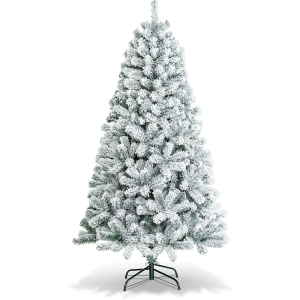 6 FT Snow Flocked Christmas Tree, Artificial Holiday Hinged Pine Tree with 600 Branch Tips, Solid Metal Stand, Premium Xmas Full Fake Tree for Home, Office, Party Decoration
