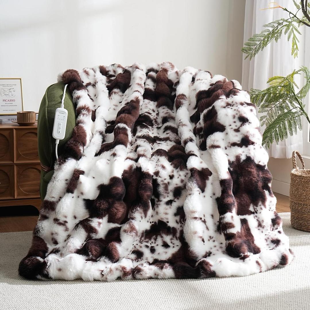 Cow Print Heating Throw Blankets Luxurious Western Soft Bubble Faux Rabbit Fur 8 Heat Settings Overheat Protection Quick Heating Electric Heated Blanket 50"x60"(Brown) (Black, Brown and White)