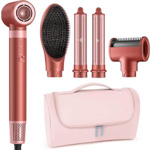 MESCOMB 5 in 1 High-Speed Hot Air Styler, Professional Frizz-Free Hair Dryer Brush, Fast Drying, No Heat Damage Air Styler Wrap for Curl, Volumize, Straighten, Includes Travel Bag (Hot Pink)