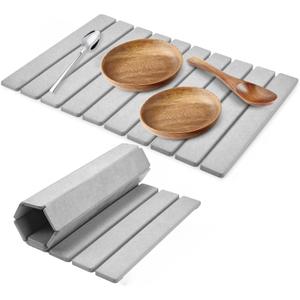 Large Stone Dish Drying Mats for Kitchen Counter, 24"(L)16"(W) Quick Dry Collapsible Dish Drying Mat, Eco-Friendly Absorbent Diatomaceous Earth Mats for Dishes Bottles Cups, Match Any Countertop