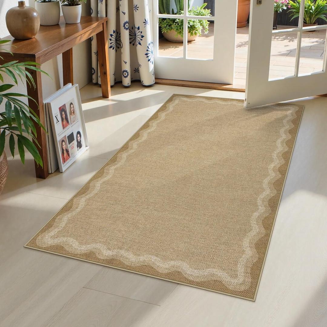 LIVEBOX Scalloped Washable 3x5 Outdoor Rug, Easy Jute Geometri Tan Rug for Entryway, Indoor Non Slip Farmhouse Rugs Morden Carpet Area Rug for Bedroom Living Room Kitchen Bathroom Door Mat