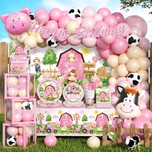313pcs Farm Birthday Decorations for Girl, Worry-free One-stop Set for 25 Guests, with Thick Plates Banner Centerpieces and Cupcake Toppers, Easy Setup for Farm Themed Party