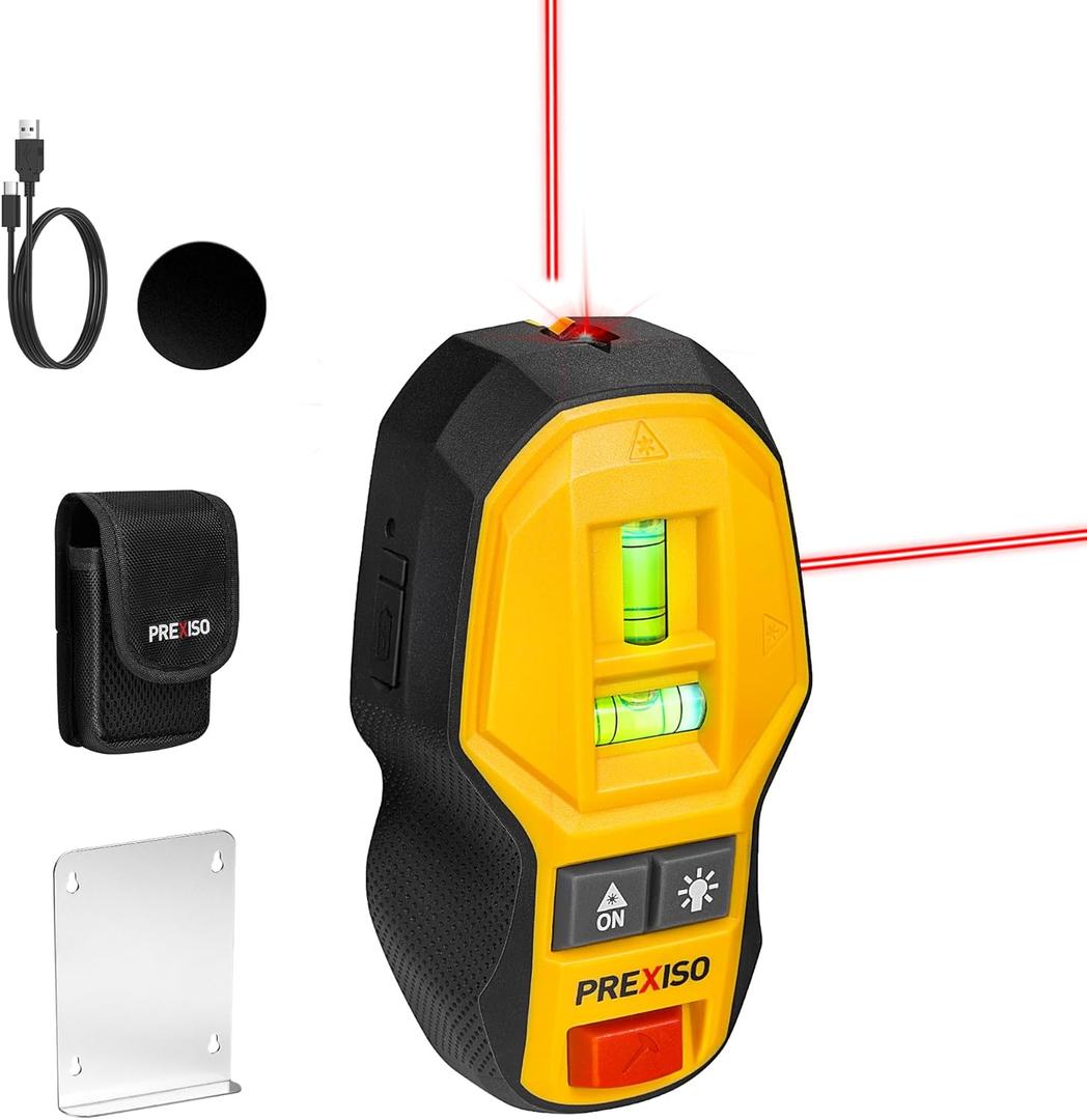 PREXISO 2-in-1 Rechargeable Cross Line Laser Level with Magnetic Stud Finder, Compact Line Lasers with LED Bubble Vials for Accurate Marking for Hanging Frames & Pictures