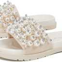 QLPOU Women's Pearl Platform Sandals Open Toe Slip-On Flatform Cute Slide Sandals for Casual Summer Beach with Soft Cushioned Footbed Size 240