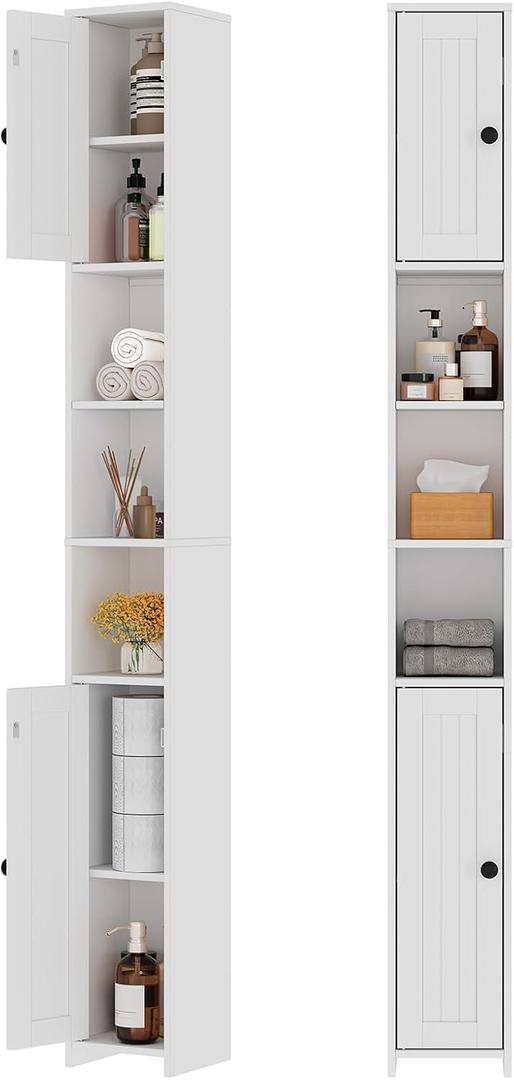 RRX Tall Slim Bathroom Storage Cabinet,7.87''L*7.87''W*67''H (Milky White) | Adjustable Shelves with 2 Doors, Narrow Cabinet with Anti-Tip for Toilet Paper Corner, Small Spaces, Kitchen, Bathroom