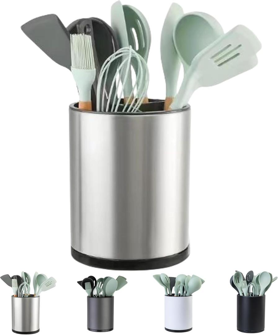 LIBODOUR Kitchen Utensil Holder Extra Large 360°Rotating For Counter Organizer Stainless Steel Storage Cooking Silverware Caddy 3 Compartment Flatware Spoon Spatula Tool Cutlery Container（Silvery）