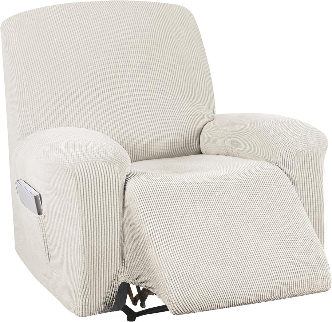 Turquoize Stretch Recliner Cover Recliner Chair Cover Recliner Slipcover 1-Piece Sofa Cover with Side Pocket Jacquard Sofa Furniture Cover/Protector Soft with Elastic Bottom, Machine Washable, Ivory
