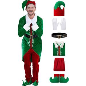 Arvilhill 6 Pcs Men's Christmas Elf Costume Deluxe Santa Helper Outfits with Coat Pants Hat Gloves Belt M