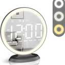 Round Mirror Lighted Digital Alarm Clock, Mirror Surface for Makeup, Large Display, Easy Setting, Auto DST, Auto Dimming, USB Port, Modern Decor for Home, Bedroom, Office, Gift for Women, Girl, Black