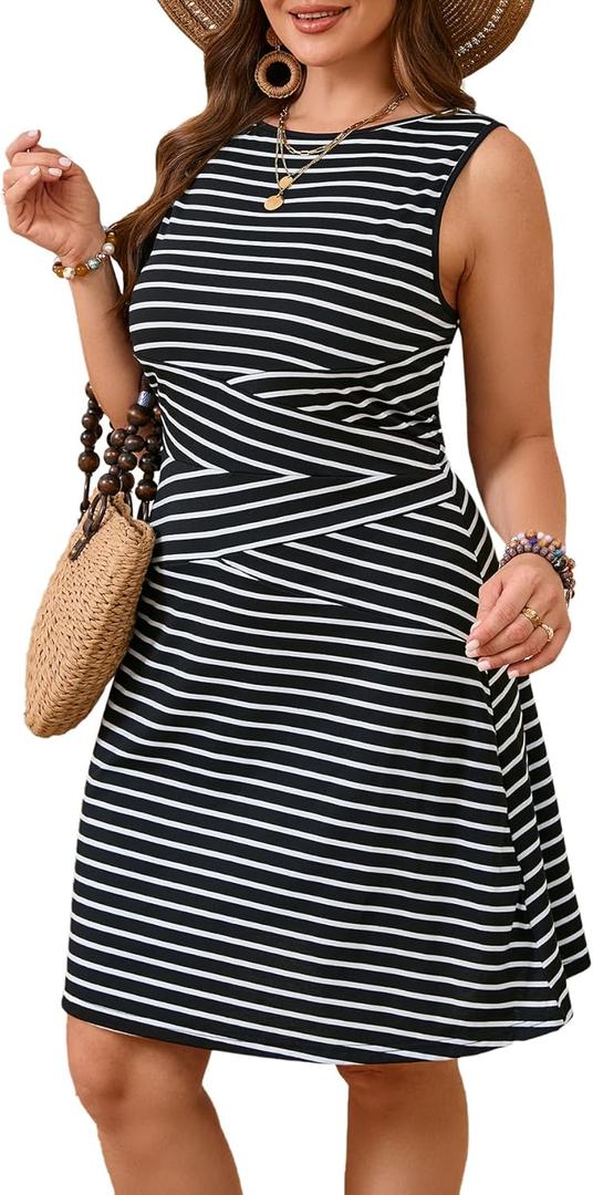 Verdusa Women's Plus Size Striped Tank Dresses Summer Crew Neck Sleeveless Short Dress (4X-Large Plus, Black and White)
