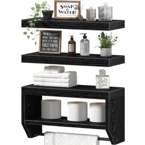 QEEIG Bathroom Floating Shelves for Wall - Shelf Over Toilet Paper Storage Farmhouse 16 inch Set of 3, Black (028-40B3)