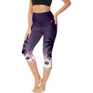 Women Water Sport Leggings Purple Gradient Print Cocos Tree UV Protection High Waisted Quick Dry Sleek Swim Short, XL