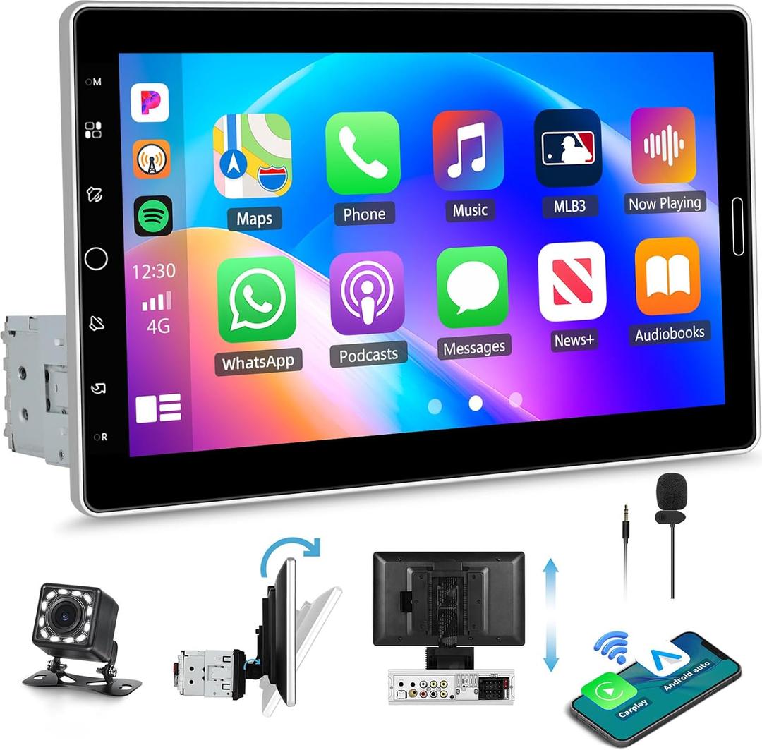 UNITOPSCI 10.1 Inch Single Din Adjustable Car Stereo with Wireless Carplay Android Auto, IPS Floating Touchscreen Radio, Bluetooth 5.2, Mirrorlink/Online Video, FM/AM/EQ/USB, AHD Backup Camera/SWC/MIC