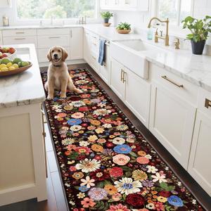 Floral Hallway Runner Black/Brown Carpet Non-Slip, 2x10 Washable Rug Ultra-Thin Soft for Hallways, Kitchen Mat Stain Resistant for Entryway Bathroom