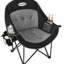 Coldbee Oversized Camping Chairs for Adults - Heavy Duty Padded Folding Lawn Chairs with Cup Holders & Cooler Bag, Comfy Outdoor Chair for Picnic, Beach, Fishing (Black)