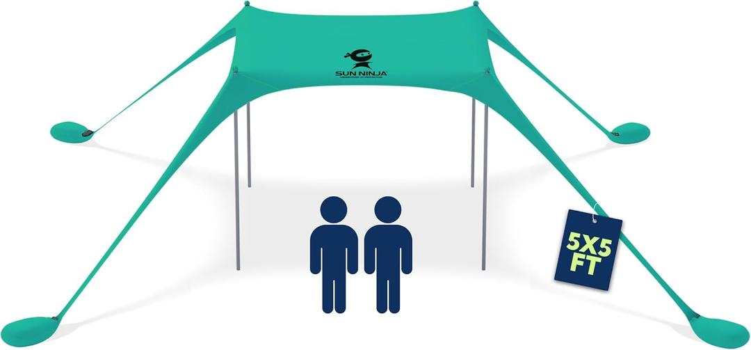 SUN NINJA Beach Tent Sun Shelter UPF50+ - Easy Pop Up Beach Canopy - Outdoor Shade for Camping Trips, Fishing, Backyard Fun Picnics - Sand Shovel, Ground Pegs & Stability Poles (5x5 FT 4 Pole, Green)