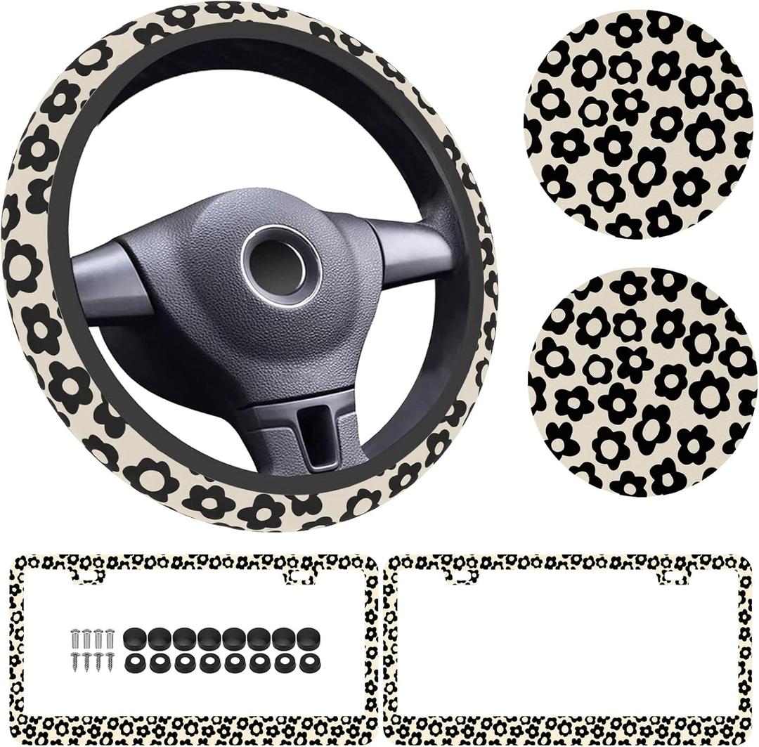 5 Pack, Flowers Vintage Groovy Steering Wheel Cover Universal 15 Inch, Vintage Groovy Flowers License Plate Frames 2 Holes with Screw Caps, Car Cup Coasters 2.75" Car Accessories for Women (05)