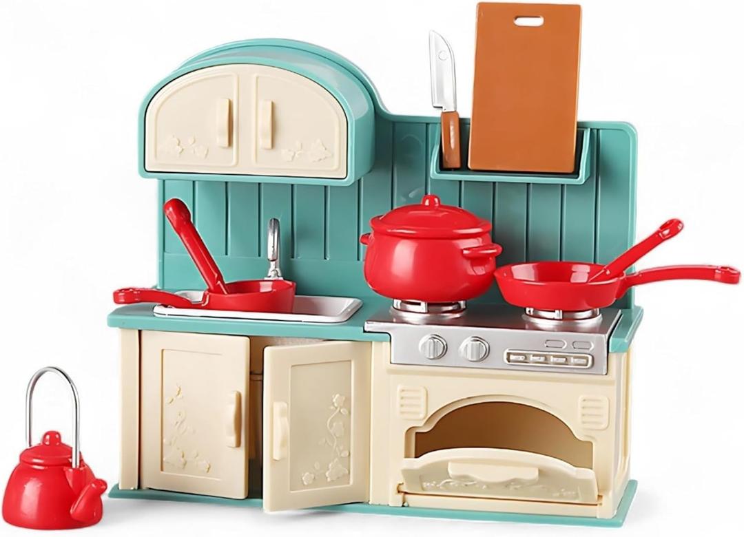 Family Dollhouse Kitchen Set  Miniature Stove, Sink & Oven with Frying Pan, Saucepan, Kettle, Utensils & Cutting Board  Dollhouse Furniture & Accessories for Ages 3+